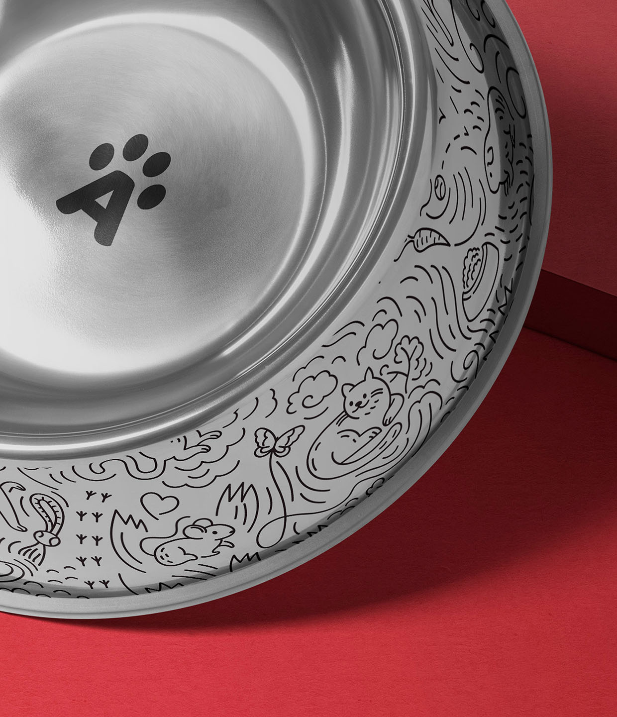Akinu steel dog bowl with logo printed in middle and akinu pattern on the side, mockup