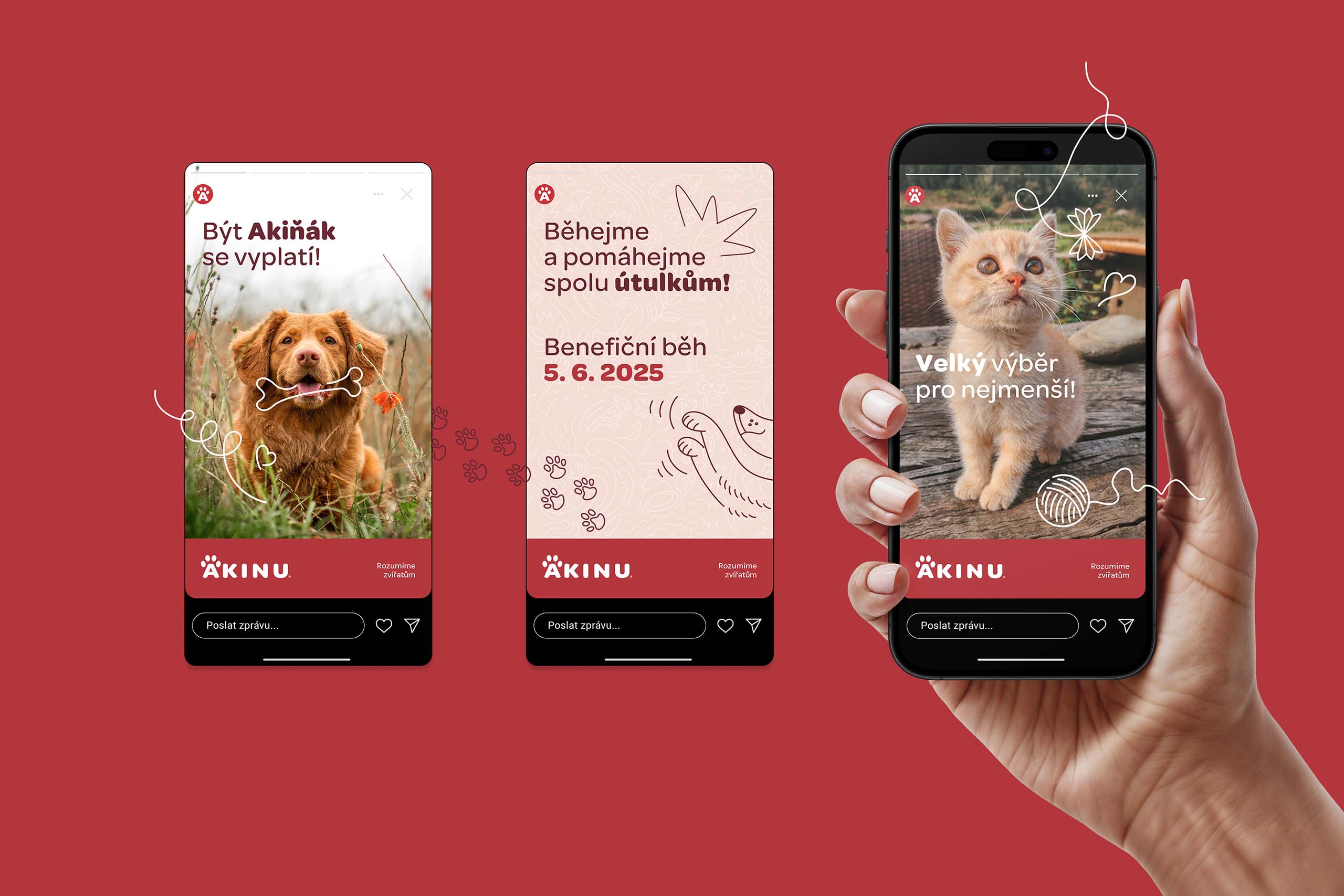 Akinu Instragram Story mockup 3 stories next to each other, one on right is phone held by hand
